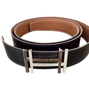 Hermes H au Carre Belt Buckle & Reversible Leather Strap Belt Unisex 110 Black